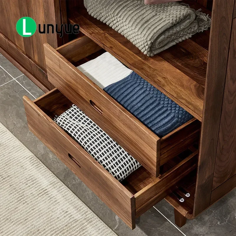 North American Black Walnut Wardrobe All Solid Wood Nordic Simple Push-Pull Door Home Storage Cabinet for Villa Bedroom