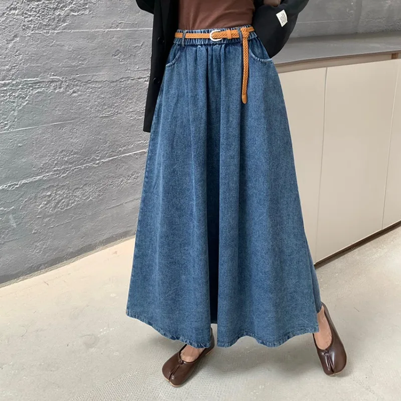 TFETTERS Elegante vrouwen gewassen denim rok 2025, lente herfst, rekbare elastische taille, A-lijn uitlopende maxirok voor dagelijks gebruik