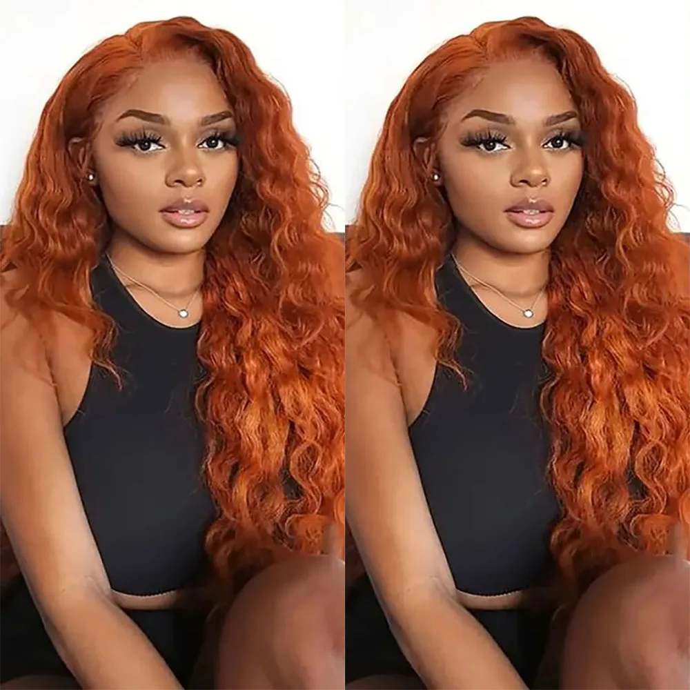 

28 Inch Ginger Orange 13x6 Deep Wave Transparent Lace Frontal Wigs Human Hair 350 Colored 200% Density Curly Wigs Pre Plucked