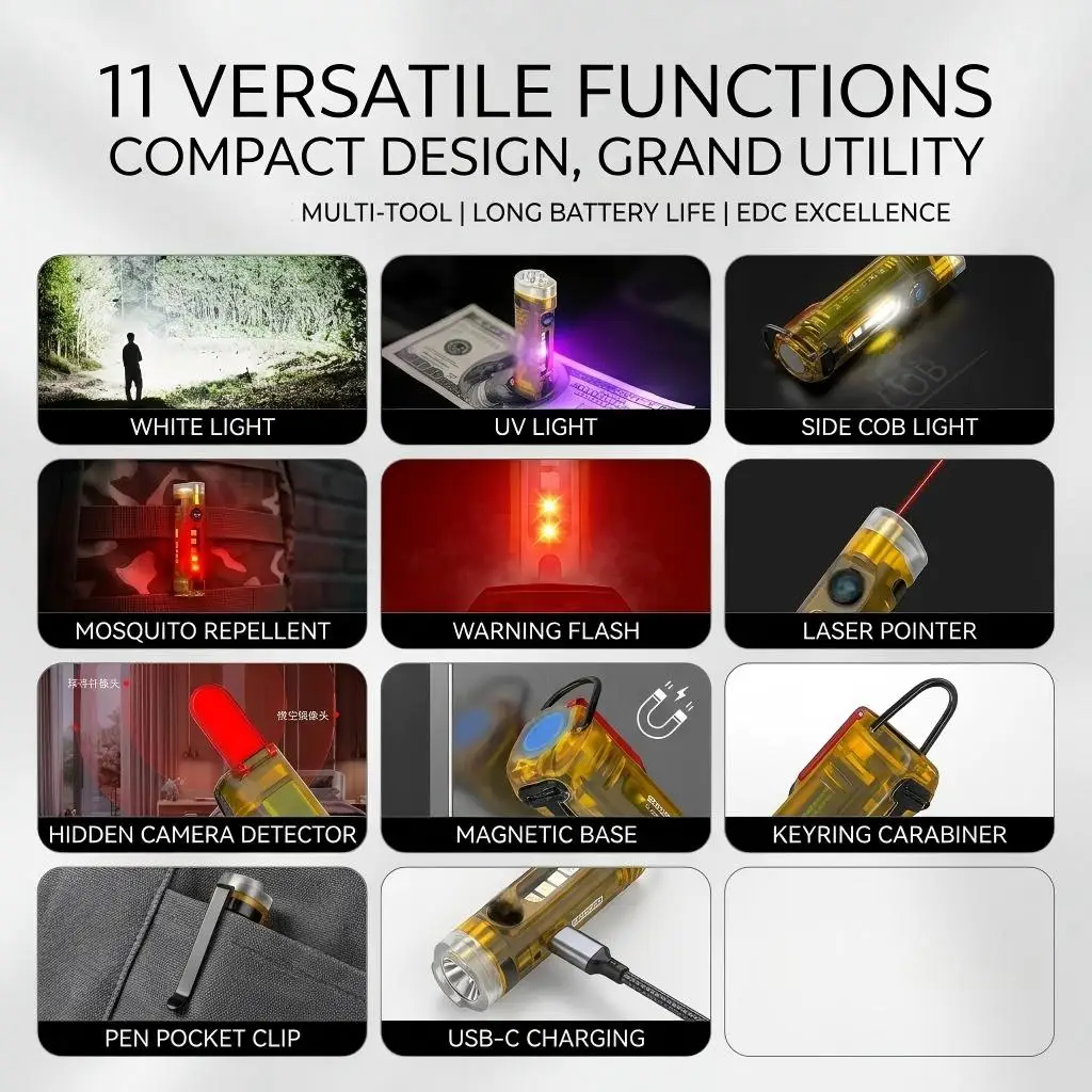 USB Rechargeable Mini Keychain Flashlight Infrared Side Light Portable Outdoor Emergency Torch Waterproof Daily Carry LED Lamp