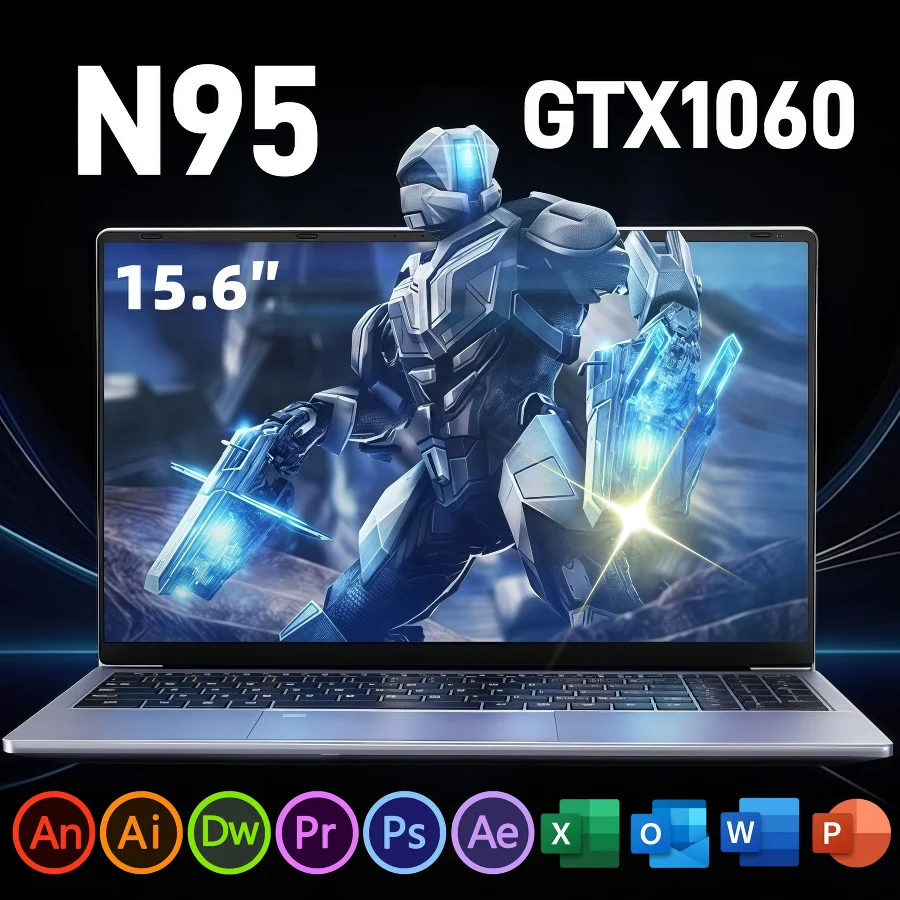 كمبيوتر محمول للألعاب Intel N95 GTX1060 مقاس 15.6 بوصة كمبيوتر محمول محمول 32 جيجابايت DDR4 512G SSD Windows 11 لوحة مفاتيح بإضاءة خلفية لألعاب الكمبيوتر المحمول