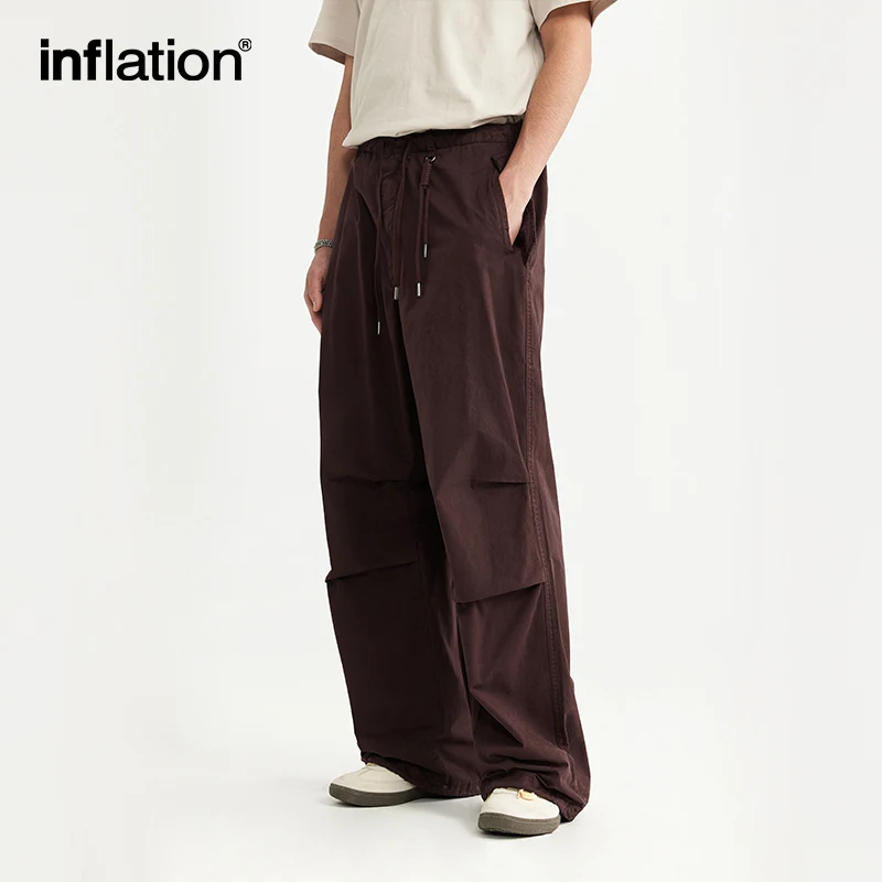 INFLATION Baggy Parachute Pants Streetwear Mens Elastic Waist Washed Cargo Pants Male 100% Cotton Trousers