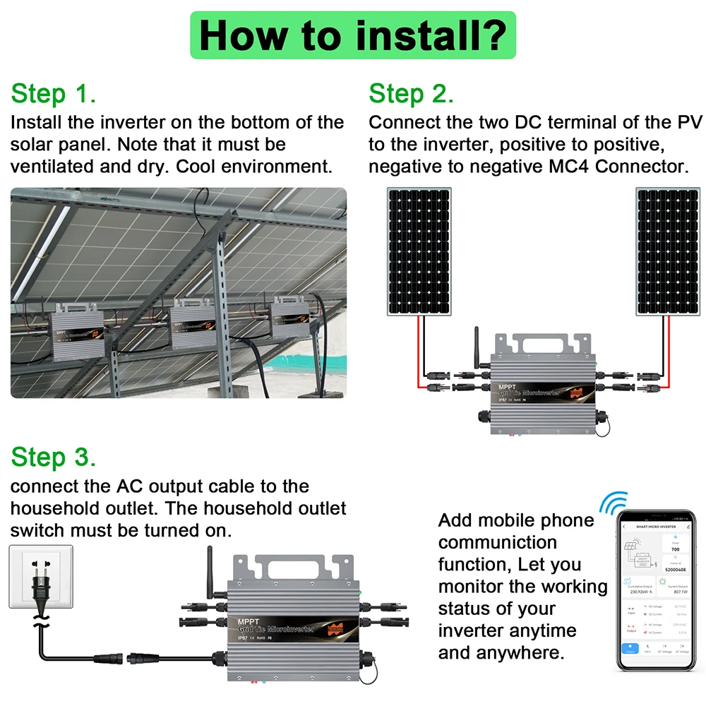 IP67 600W 700W 800W MPPT Grid Tie Micro Inverter With Built-in WiFi function for 20-60VDC PV and 80-260VAC ,With Free EU Plug