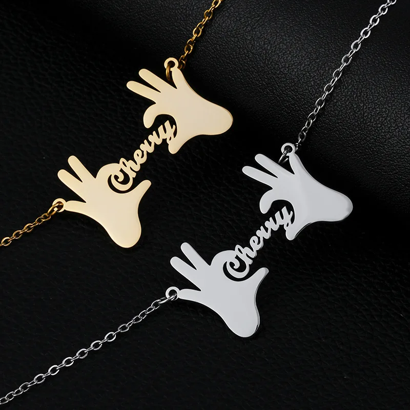 

2025 Fashion stainless steel OK gesture English letter necklace personalized custom cut palm than heart jewelry gifts