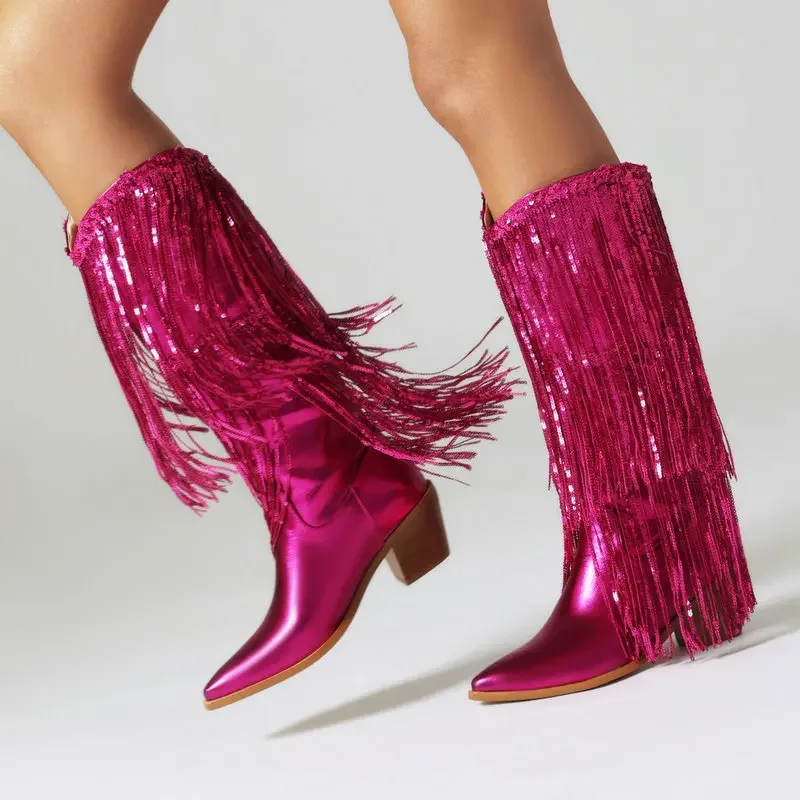 Botas de media caña para mujer, Color fucsia dorado y plateado brillante, estilo vaquero occidental, lentejuelas ostentosas, borlas, flecos, zapatos de rendimiento