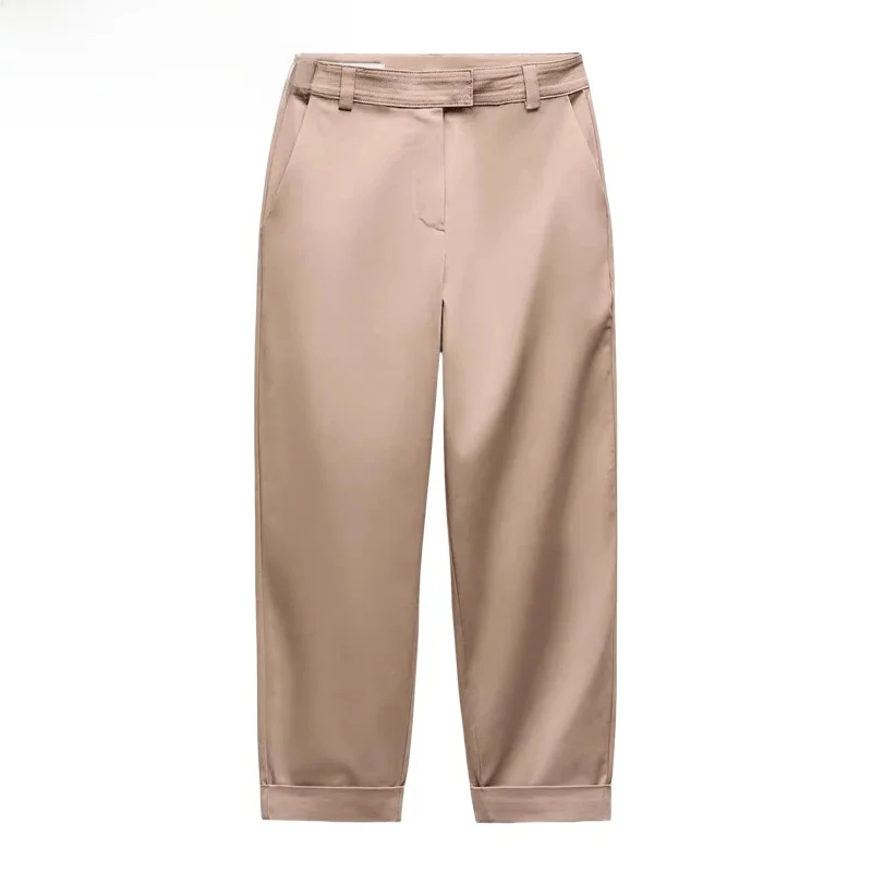 

Summer New Women's Casual Pants with kets All-Match Loose High Waist Straight Leg Cuffed Long Trousers