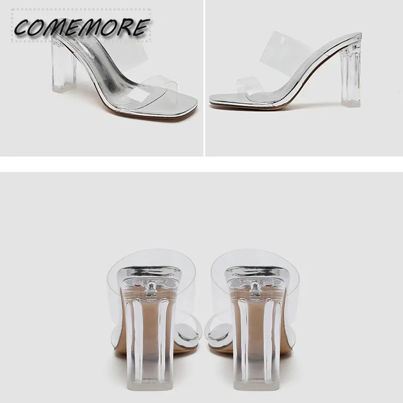 Summer Transparent High Heeled Sandals Women Fashion Square Toe Jelly Slippers Woman\'s Slip on Silver Sexy Party Shoes Casual PU