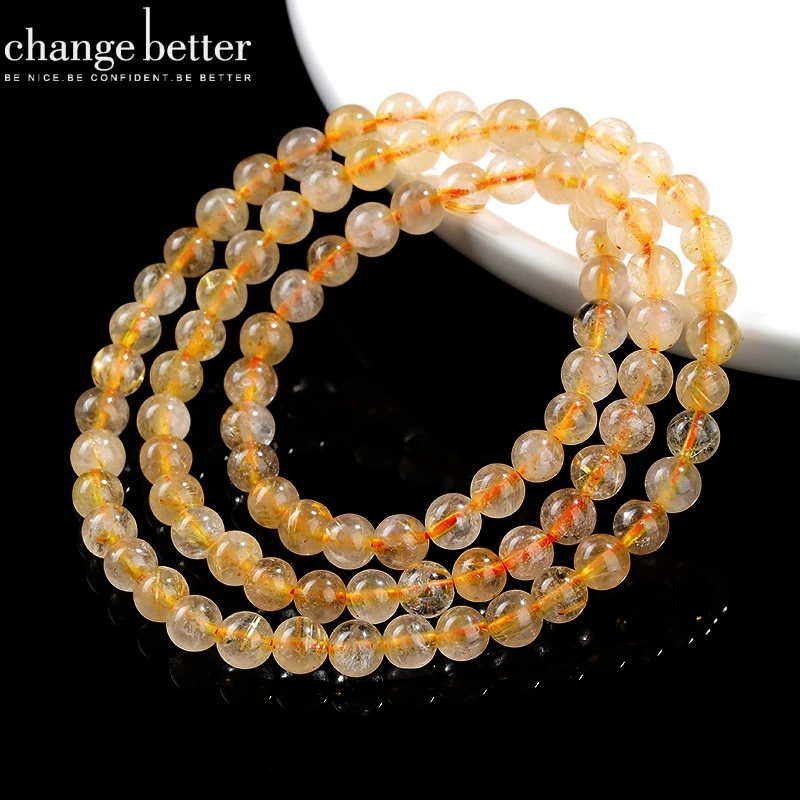 JD 6mm Natural Golden Rutilated Quartz Multilayer Bracelet Women Fashion Round Crystal Bohemia Elegant Healing Bangles Gifts