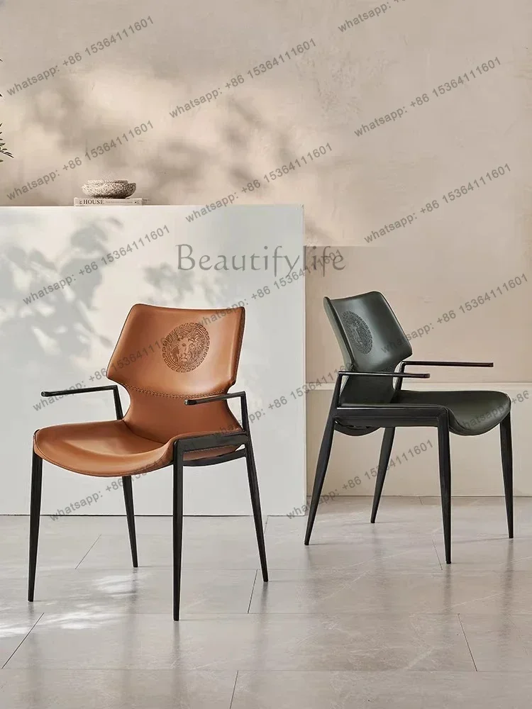 

D14Italian light luxury high-end saddle leather dining chair home backrest modern simple urban style dining chair