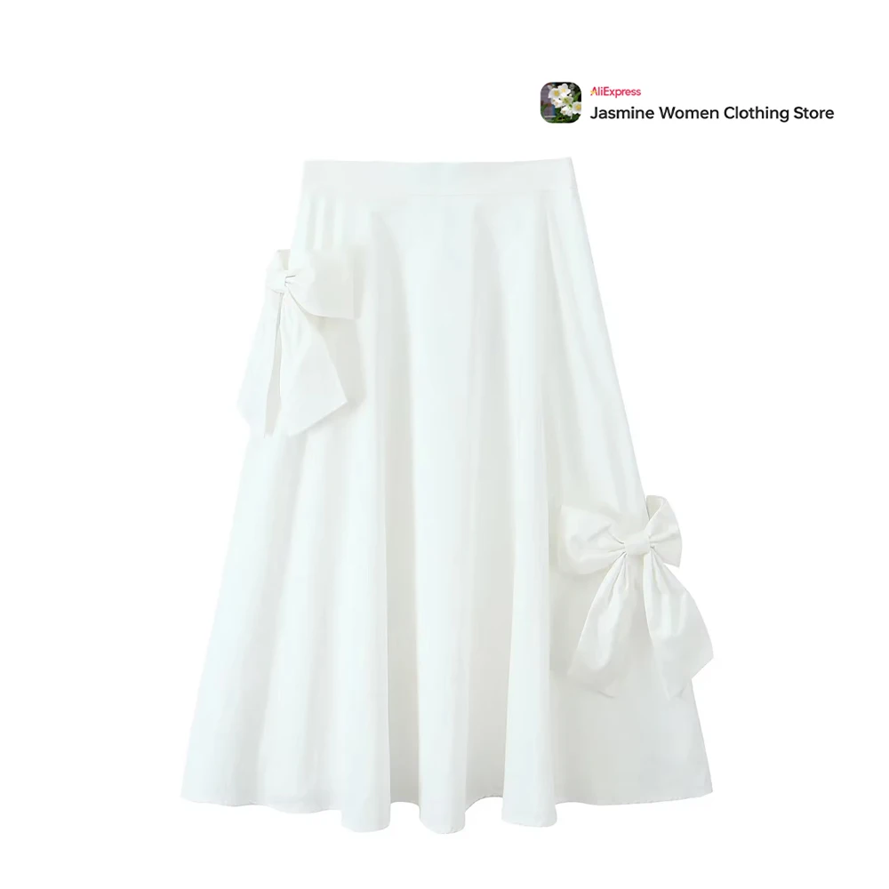 Gorgeous Vintage Long Skirts Flared Hem Y2k Skirt Side Hidden Zipper Flowy Stylish Pleated Bow Skirts Sweet White A-line Skirt