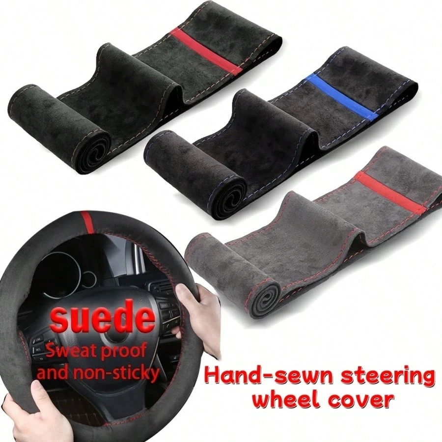 1pc Non-Slip Hand-Sewn Car Steering Wheel Cover,DIY Suede Leather Steering Wheel Cover With Regression Sign,For Most Car Models