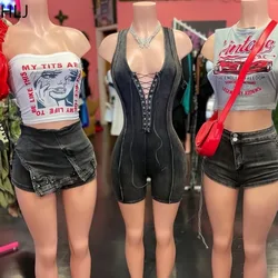 HLJ Y2K Fashion Letter Printing 2 Piece Sets Woman Outfit Skinny Crop Top + Denim Mini Skirt Female Streetwear Summer Spring New