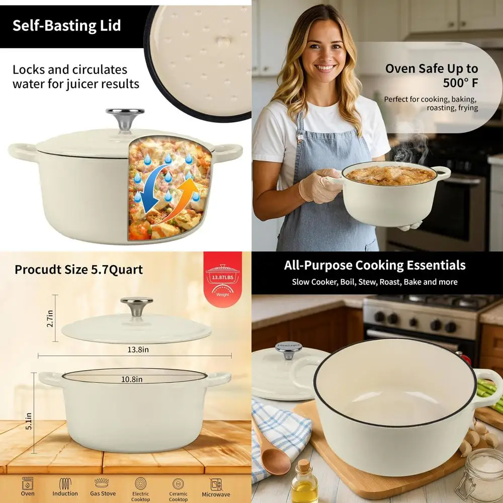 

5.7 Quart Enamel Cast Iron Dutch Oven Pot with Lid, Oven Safe up to 500°F, Ideal for Bread Baking, Braising, Roasting, Stews, Wh