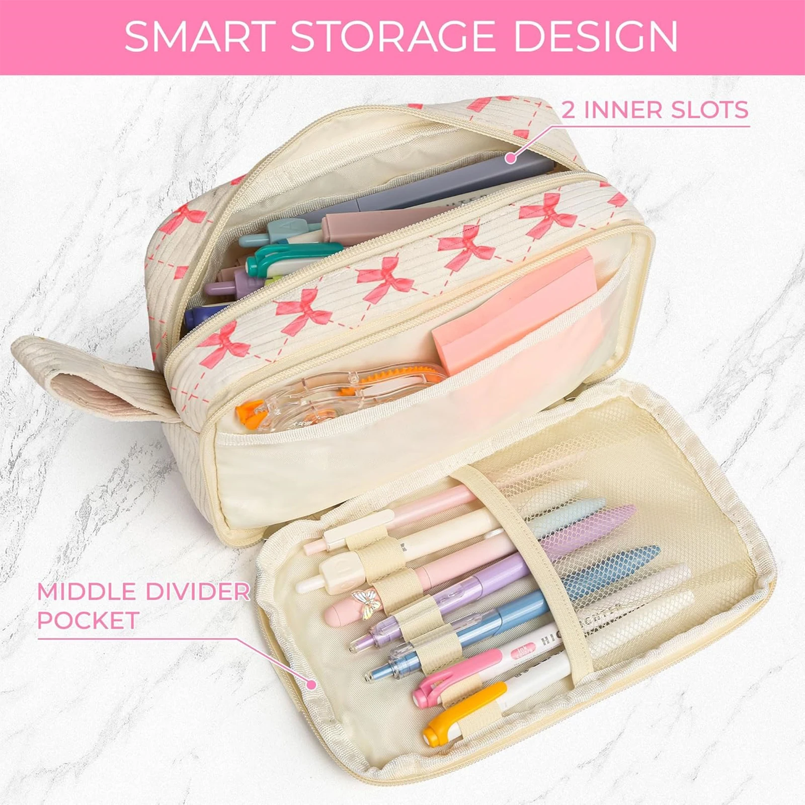 حقيبة أقلام رصاص بسحاب مع مقصورة بمقبض محمول وحقيبة تخزين قرطاسية أنيقة ذات سعة كبيرة للمنزل والمكتب والمدرسة