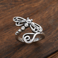 New Niche Vintage Silver Color Dragonfly Opening Ring Ladies Personalized Trend Holiday Party Jewelry Accessory Gift