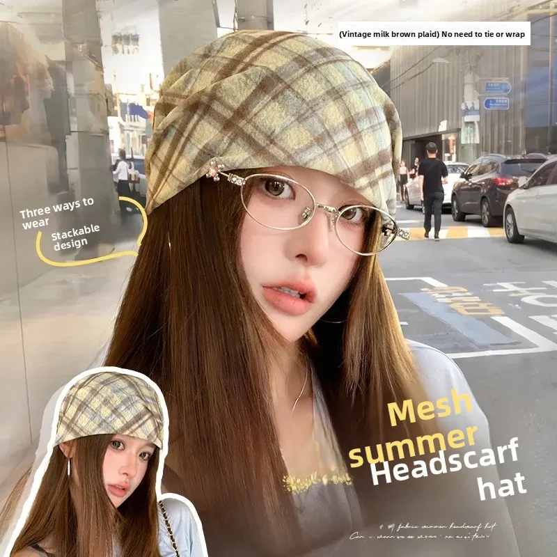 Women's Breathable Plaid Mesh Hat Large Circumference Headscarf Cap Versatile Retro Face Slimming Overhead Thin Cap