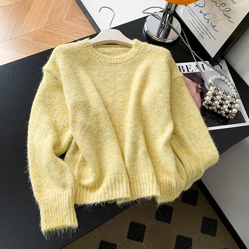 Sweter damski z dzianiny wełnianej z wysokiej półki na jesień 2025, okrągły dekolt, odkryte ramiona, jesienno-zimowy bazowy...