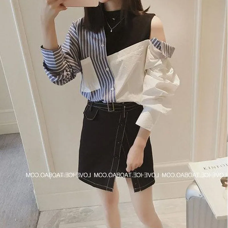 Summer Female Fashion Fake Two Pieces Long Sleeve Blouse Casual All-match Striped Spliced Off Shoulder Shirt Women\'s Clothing