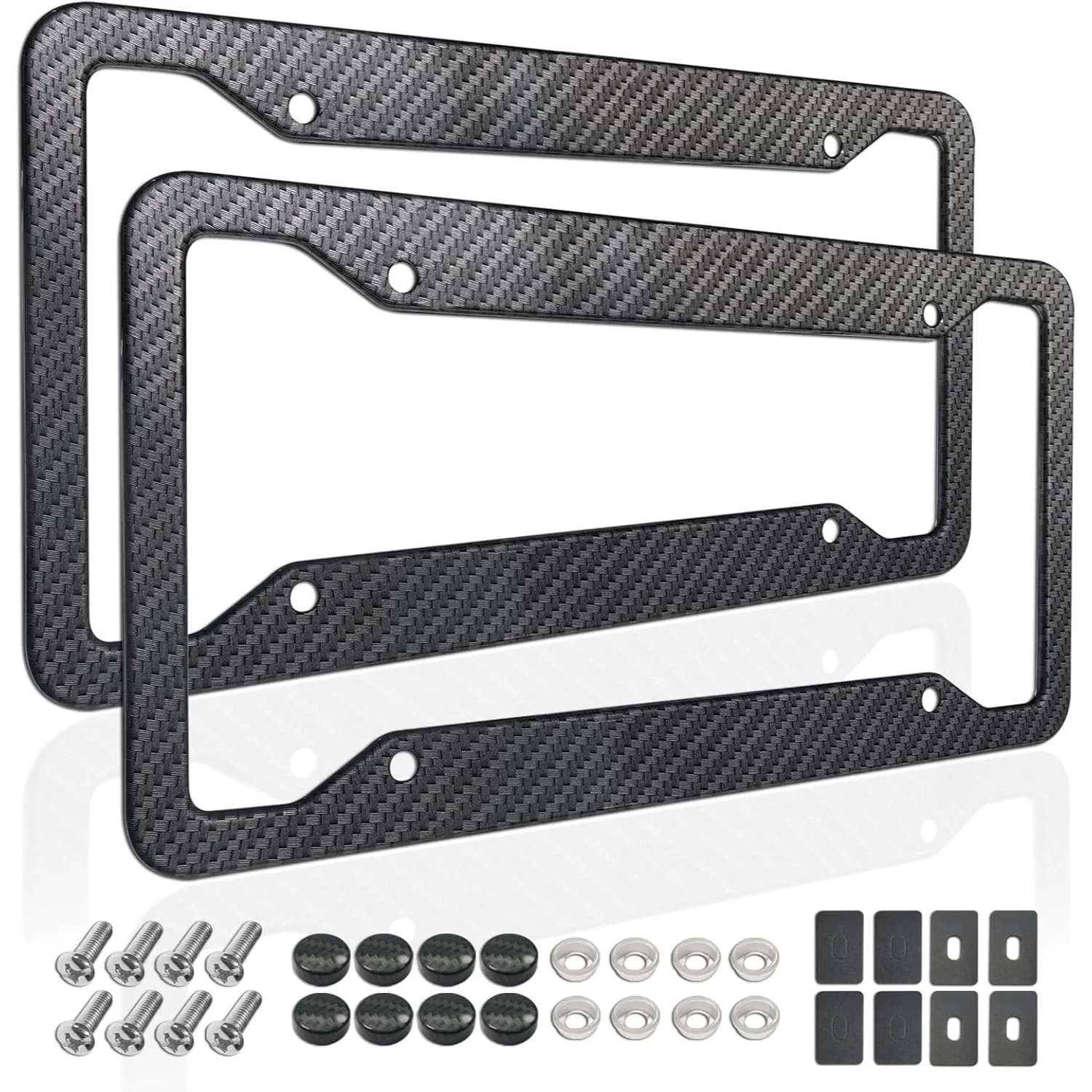 

Carbon Fiber License Plate Frames 2 Pack - Black Aluminum Front & Rear Auto Tag Holder with Mount Hardware, Screws Caps, Rattle