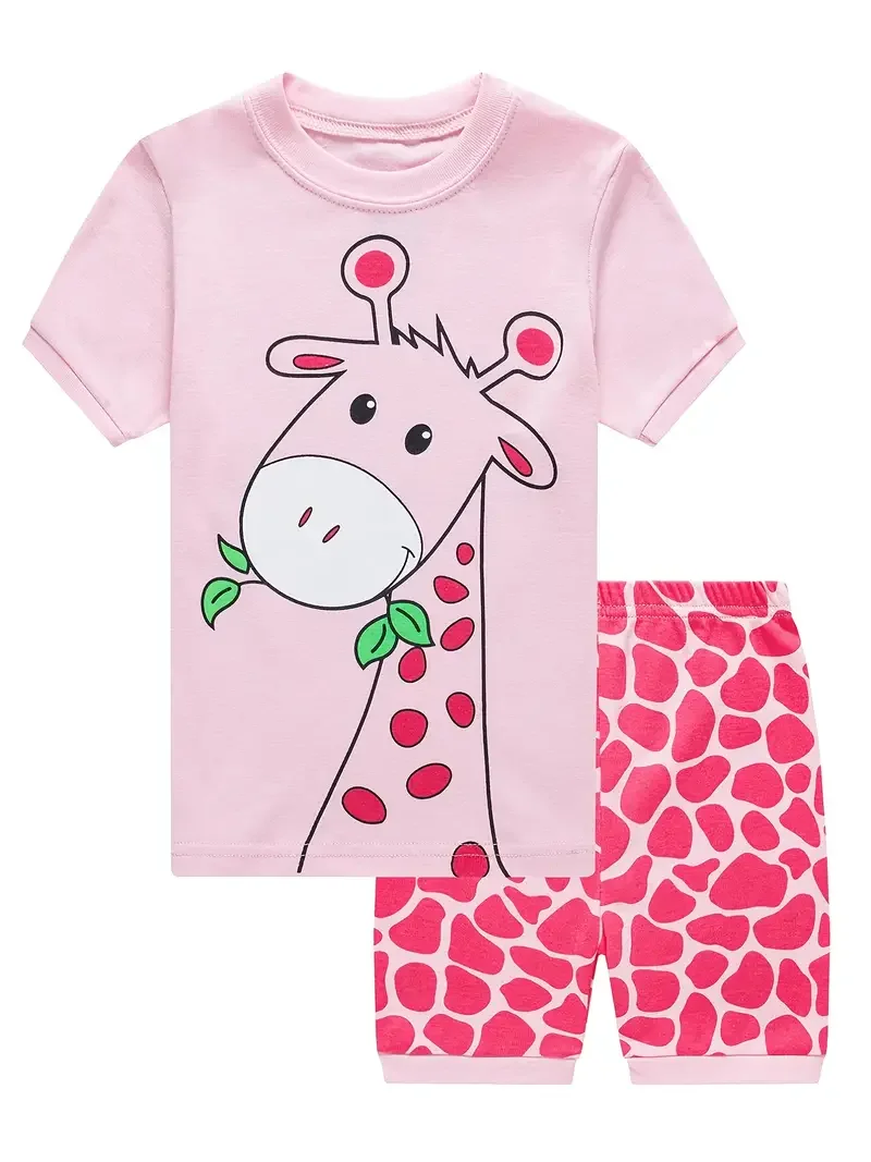 Kids Girls Cotton Cartoon Giraffe Print Pajamas Set, Short Sleeve T-shirt + Matching Shorts Bottoms Kids Clothes Summer