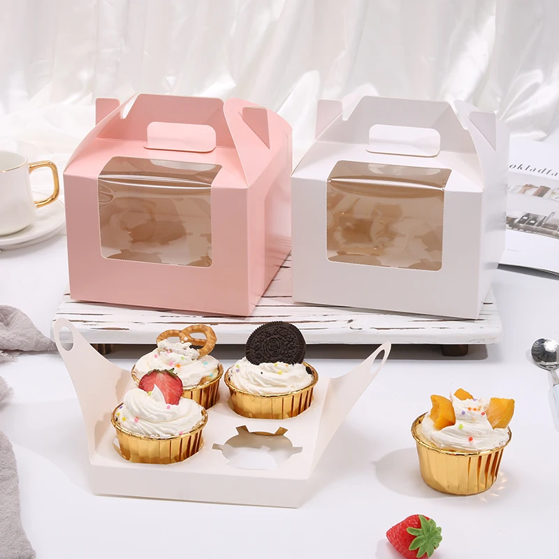 10/20pcs Paper Cup Cake Box 1/2/4/6 holes Transparent Window Muffin Box White Cardboard Portable Baking Packaging Box