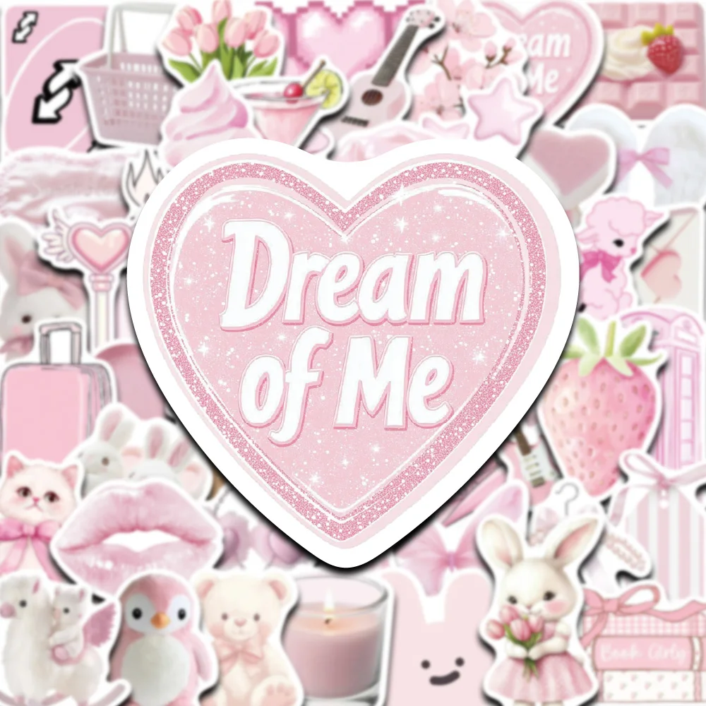 50PCS Romantische Rosa ins Stil Warme Graffiti Aufkleber Niedlichen Cartoon Bogen Tier Puppe Erdbeere Dessert Kunst Dekoration Tasse Buch Deco