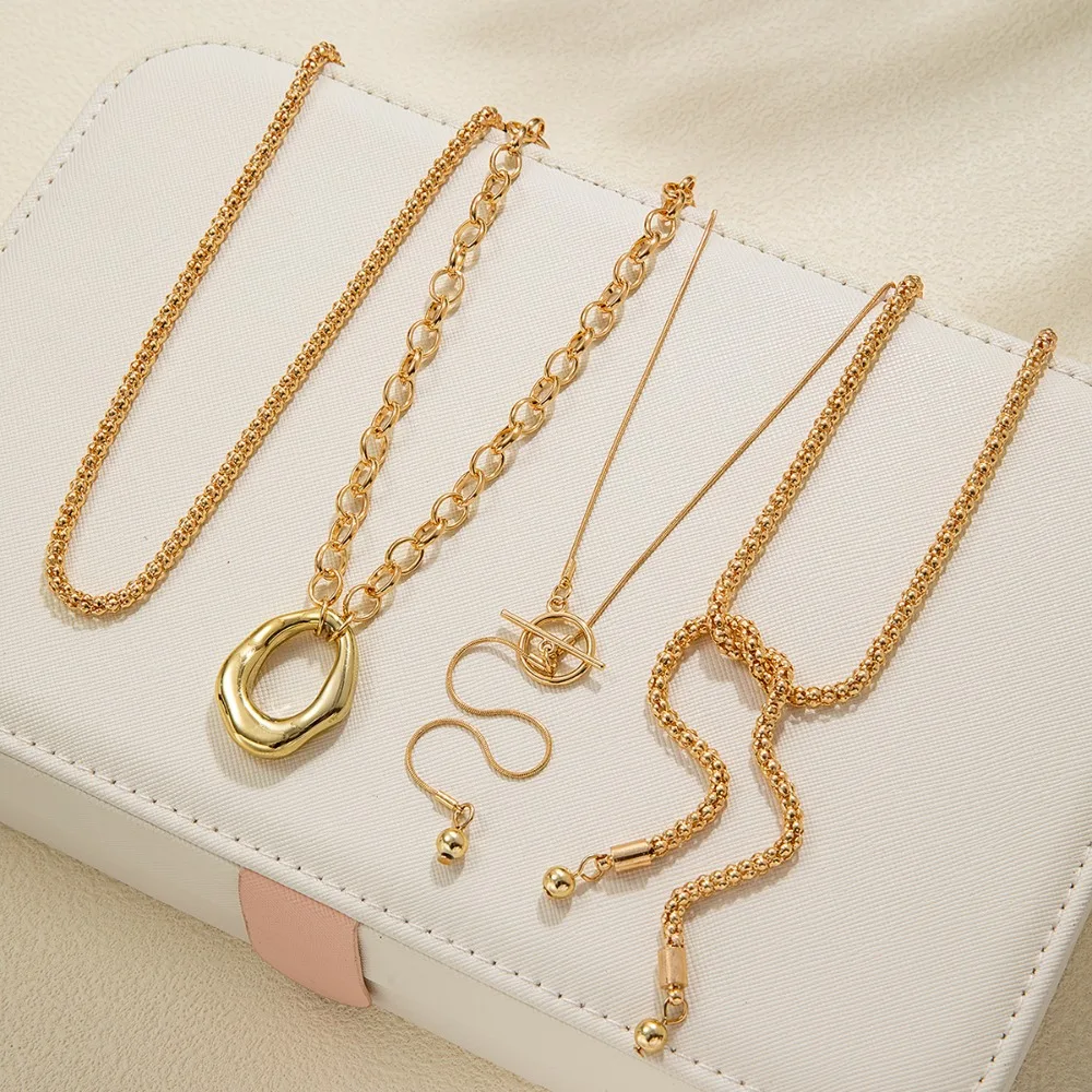4pcs Set Temperament Luxury Gold Color Snake Chain Irregular Circle Ball Charm Necklace for Women Banquet Stackable Jewelry Sets