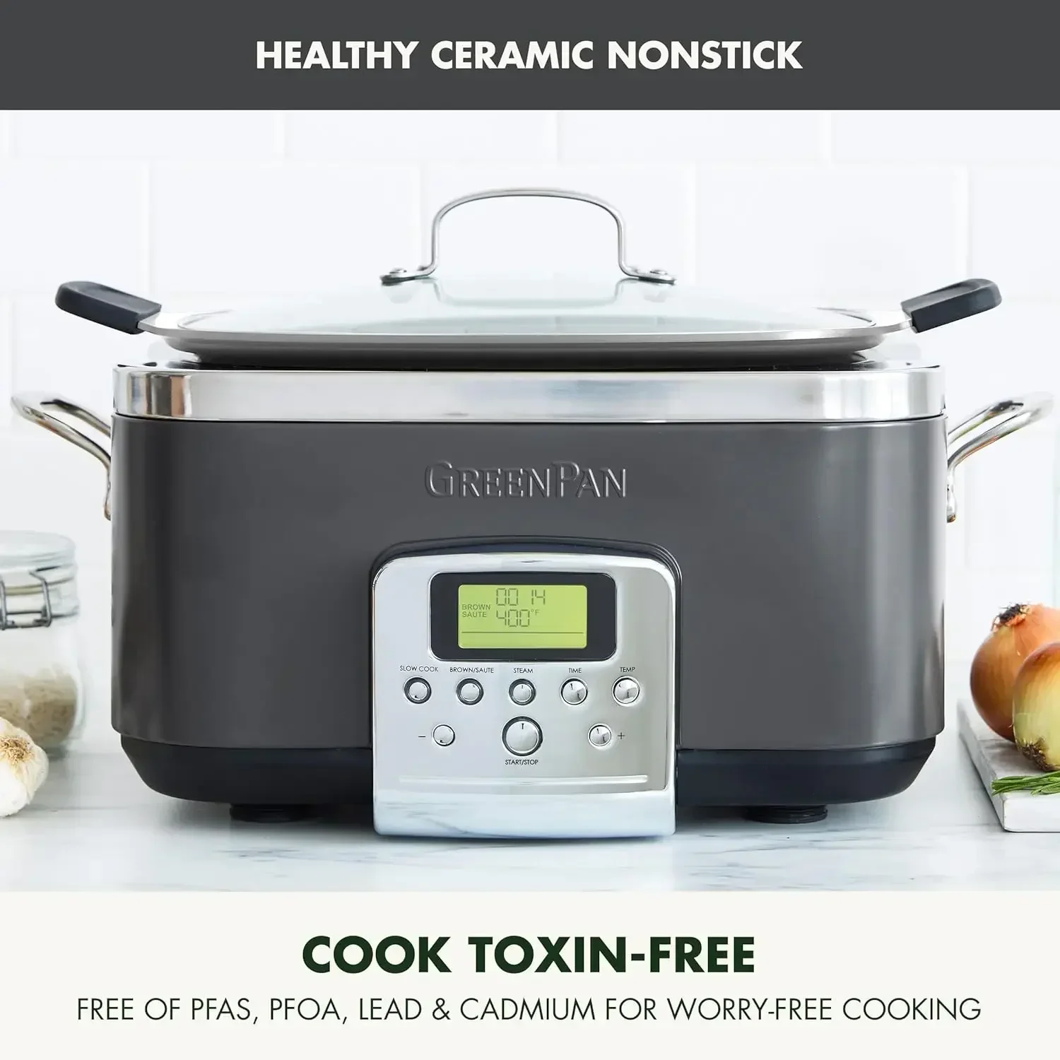 GreenPan Elite 8-in-1 طباخ كهربائي بطيء 6QT قابل للبرمجة، غطاء آمن للاستخدام في غسالة الأطباق وفخار قابل للإزالة، سيراميك صحي خالٍ من مادة PFAS