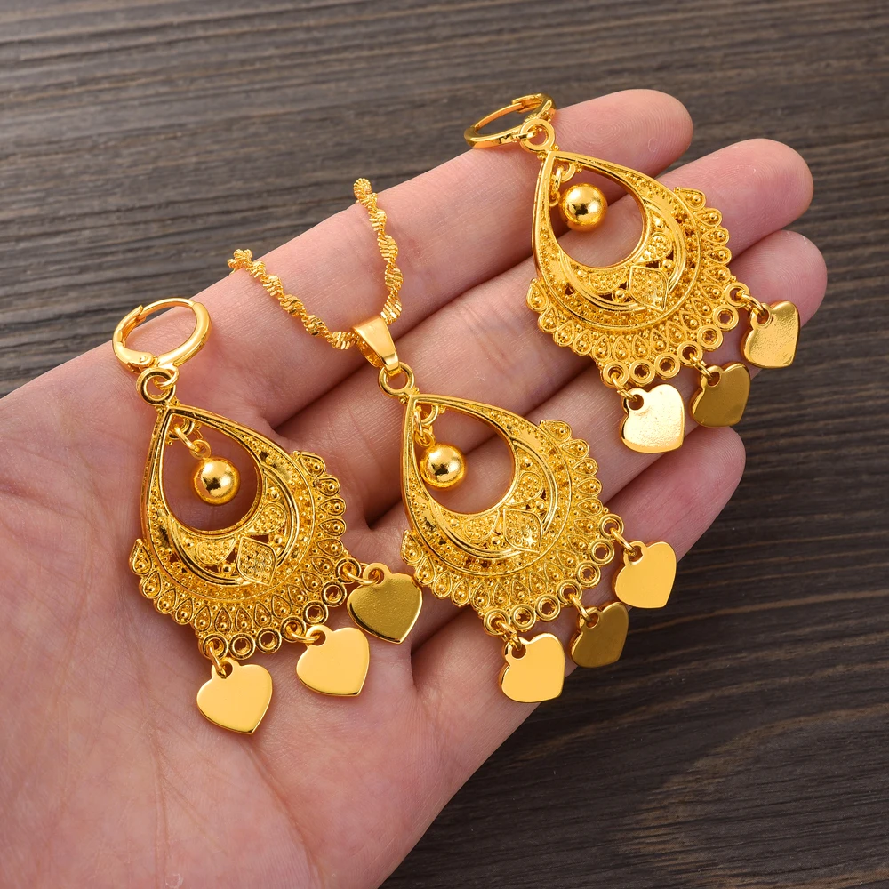 

Ethnic Women Big Gold Color Dangle Africa Love Earrings Pendant Golden Braidal Jewellery Set