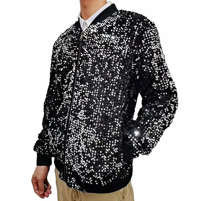 Men's Sequin Blazer Sparkle Baseball Coat Shiny Blazer Tops Stage Performance Blazers