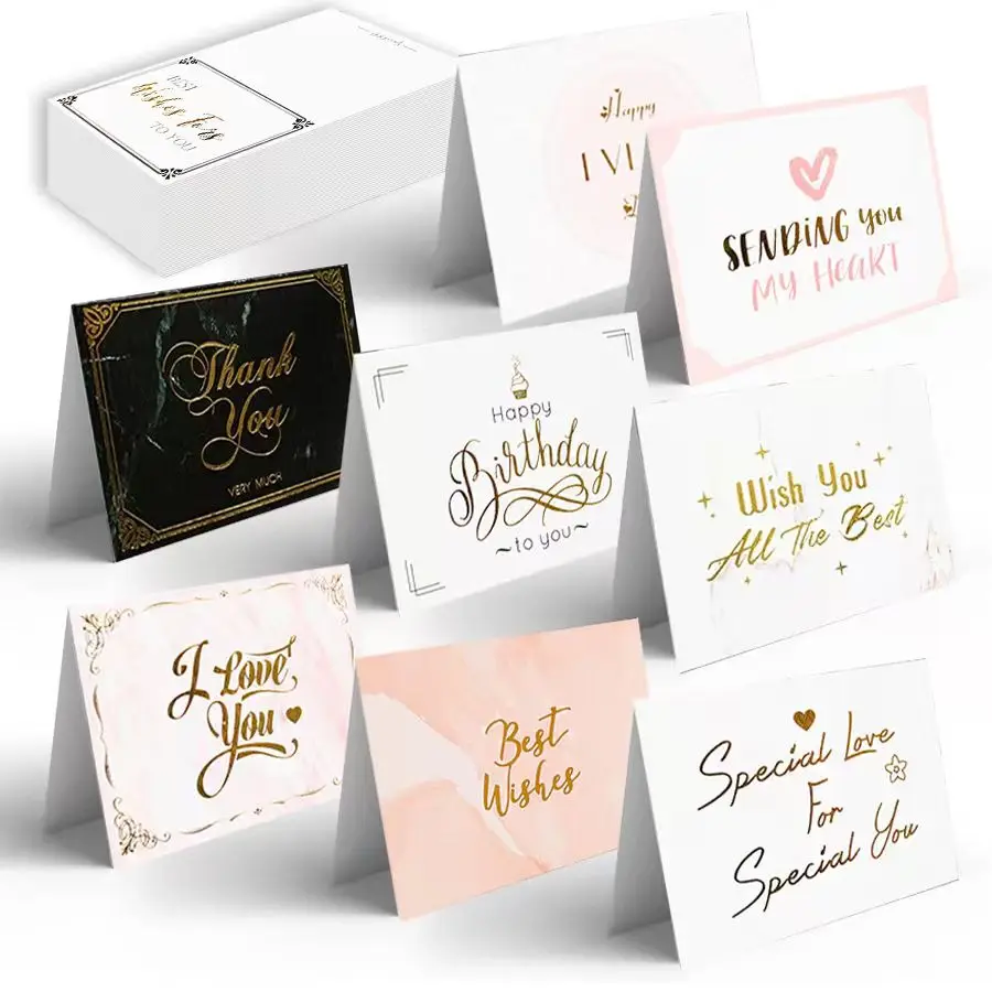 10/20/30Pcs Thank You /Happy Birthday /Valentines Cards Gold Stamping Wish Greeting Card Gift Cards Folded Gift Message Card
