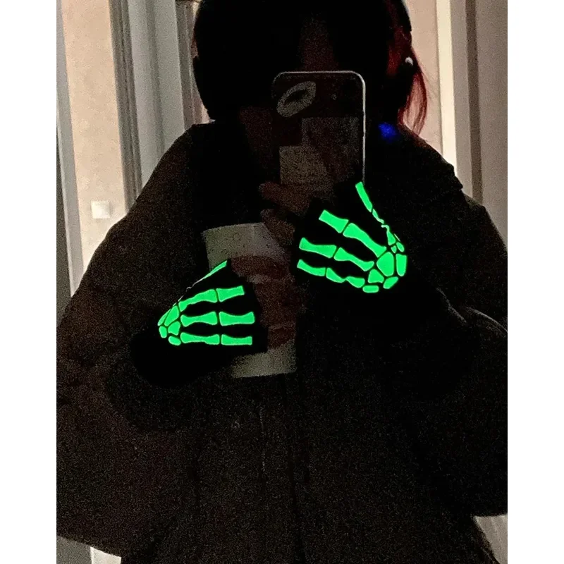 1-3pairs New Punk Gloves Unisex Halloween Skeleton Half Finger Gloves Glow In The Dark Fingerless Stretch Knitted Winter Mittens