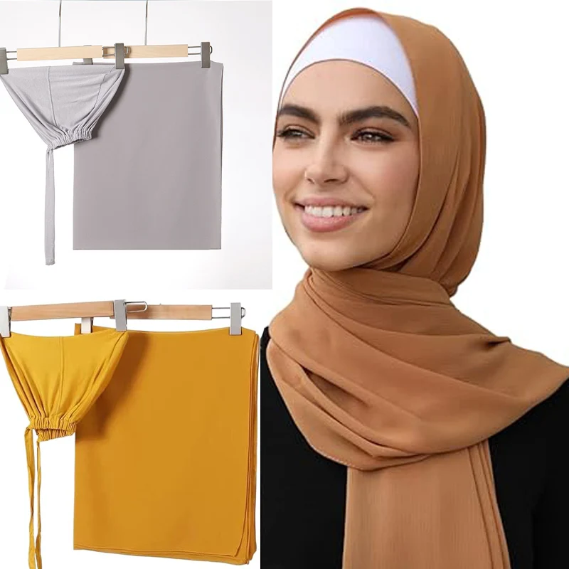 2pcs Set Classic Hijab Caps With Back Tie Lightweight Chiffon Scarf Shawl Set For Daily Use