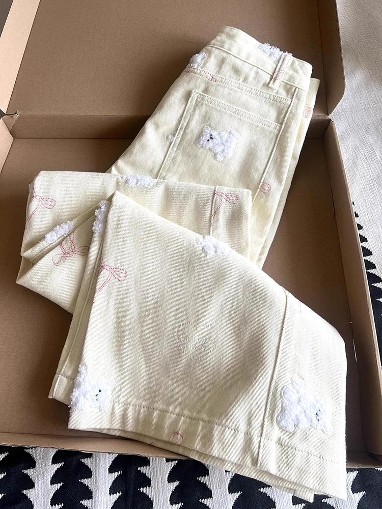 Dopne Cartoon-Bär Bestickte Hochgeschnittene Loose-Fit Schlankmachende Weite Jeans Frühling Herbst Design Casual Hosen