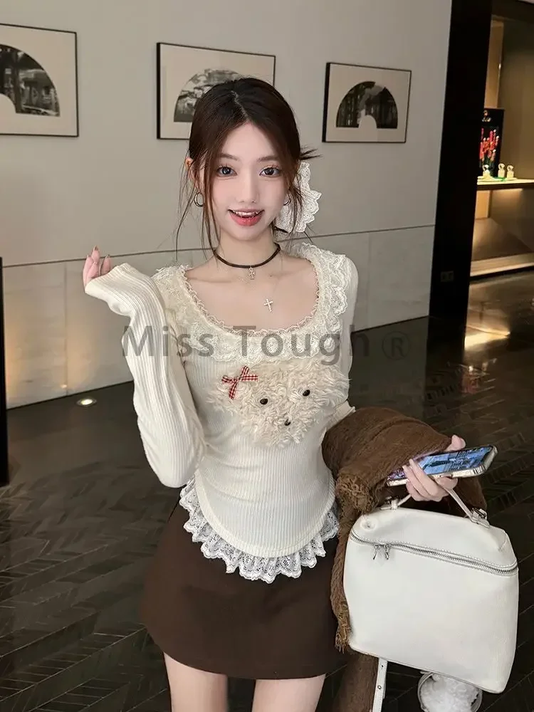 Cute Cartoon Y2k Lace Stitching Pullover Women 2000s Aesthetic Sweet Long Sleeve Knit Sweater Autumn Winter Kawaii Crop T-shirts