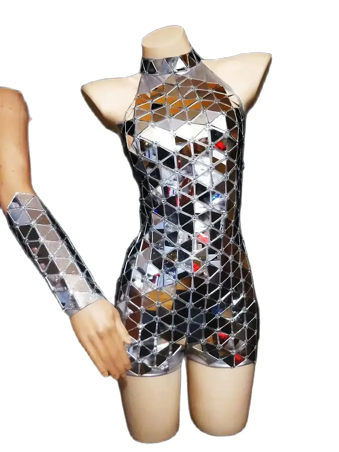 

Silver Shining Mirror Sequins Sexy Sleeveless Bodysuits With Glove For Women Nightclub DJ Stage Singer Drag Queen Costumes