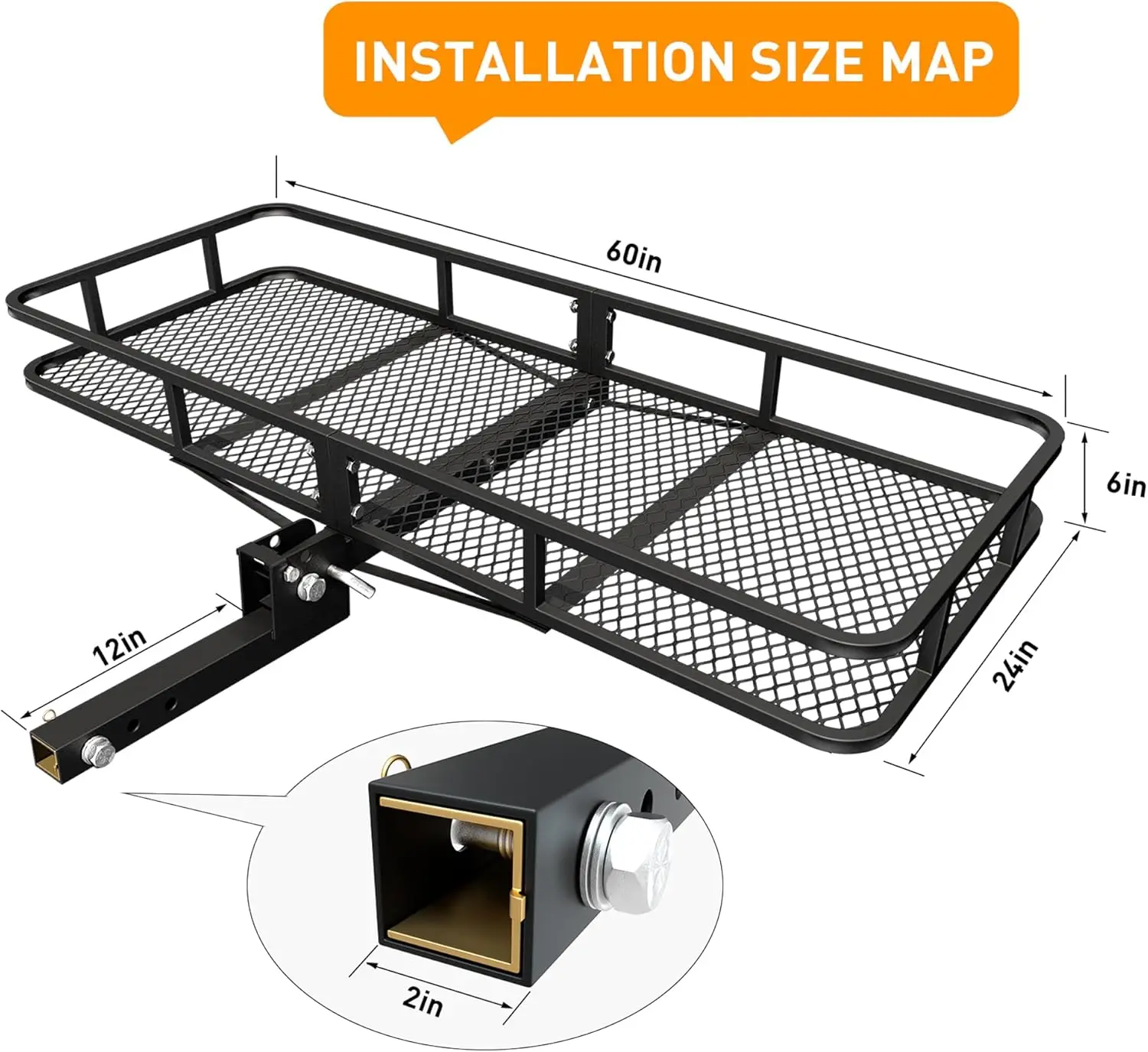 Cestino portapacchi combinato 60" x 24" x 6" 500 LBS Portapacchi pieghevole per rimorchio adatto a ricevitore da 2" con 18,2