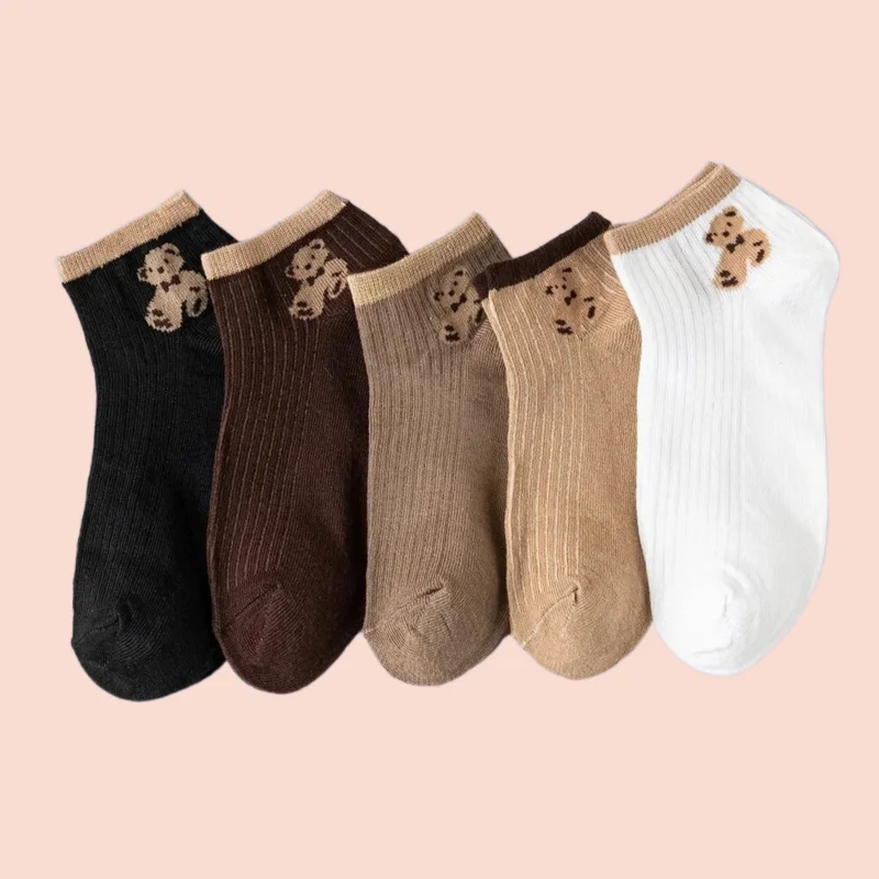 Chaussettes courtes à bouche peu profonde pour femmes, ours, décontracté, assressenti, mignon, tube court Teddy, nouveau, printemps, été, 2024, 5 paires