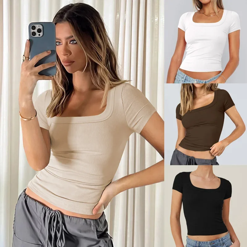 Y2K Summer Naked Short Women's Wear Slim Fit Square Neck Short Sleeve T-shirt Thread Knitted Shirt BM Top