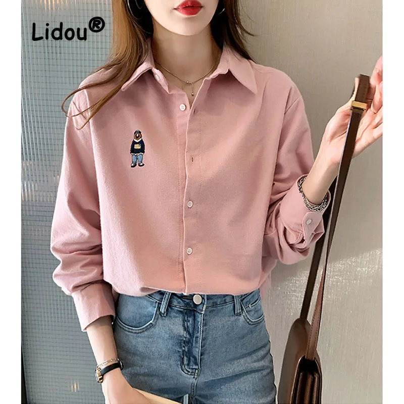 Fashion Solid Color Bear Embroidery Blouse Women New Long Sleeve Single-breasted Loose Polo Collaar Korean All-match Lady Shirt