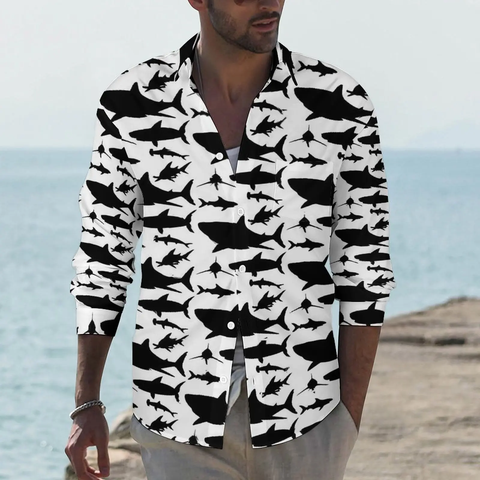 Shark Silhouette Casual Shirts Men Funny Animal Shirt Long Sleeve Trendy Funny Blouses Autumn Design Top Plus Size 4XL