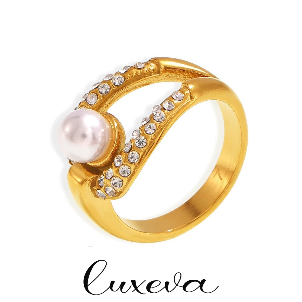 

Double Stackable Ring Stainless Steel Rings For Women Inlaid With Zircon Imitation Pearls Promise Rings For Girlfriend