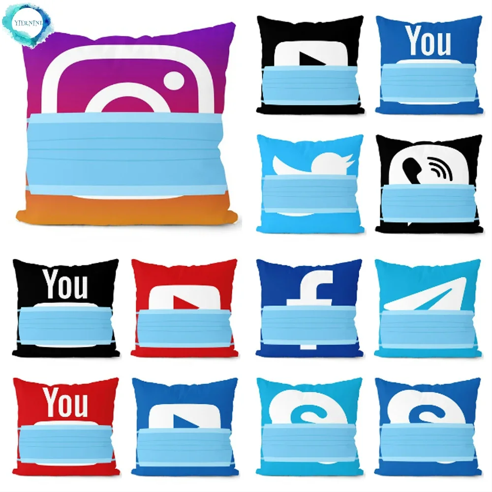 Facebook Youtube Social App with Mask Cushion Cover Home Decor Snapchat Instagram Polyester Throw Pillows Home Decor Pillowcase