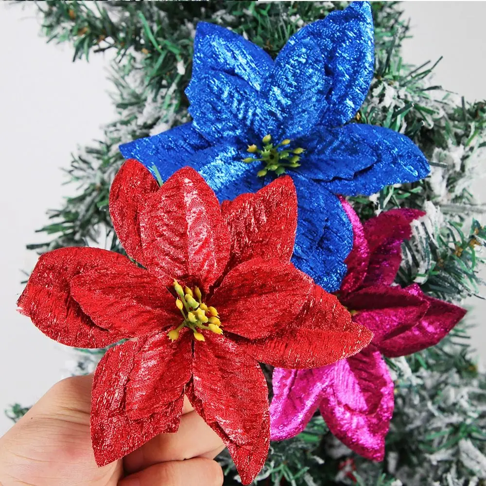 15cm Christmas Glitter Poinsettia Flower Large Flocking Artificial Christmas Flower Sequins Realistic Simulated Flower Head