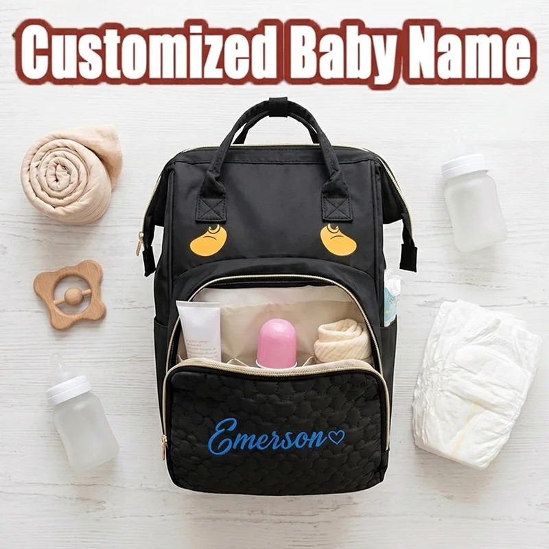 Personalized Embroidered Name Diaper Backpack, Large Capacity Multi-Pocket Mommy Bag for Travel, Baby Shower Gift
