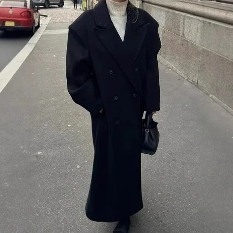 2025 Autumn and Winter Temperament Commuter Suit Collar Double-Breasted Long Woolen Coat Trench Coat for Women