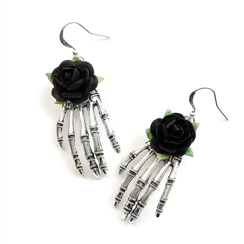 Rose Bone Hand Earrings, Vintage, Gothic jewelry, Flower, Alternative, Scary, Skeleton Hand, Mystery, Blood Rose, Witch ear Hook