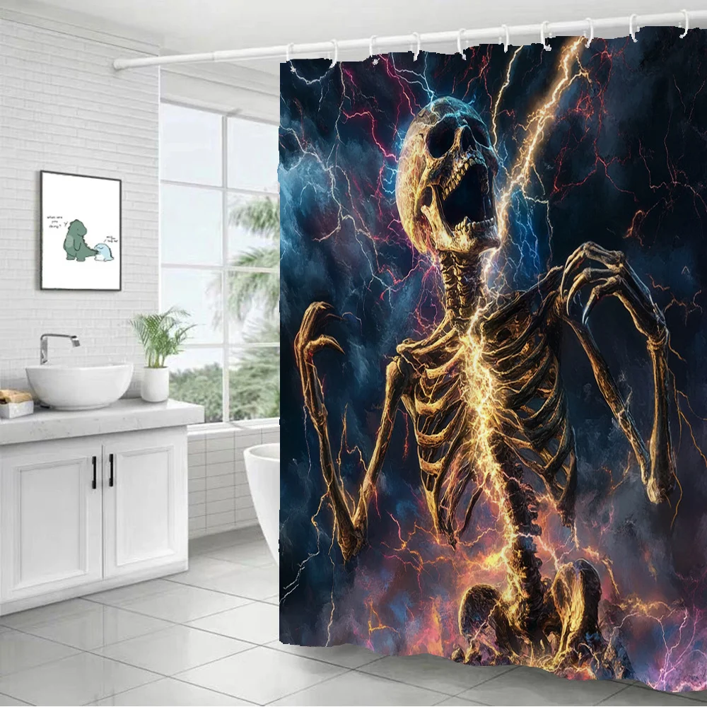 Halloween Spooky Skeleton Shower Curtain Polyester Digital Printing Terrifying Screaming Skeleton Bright Golden Electric