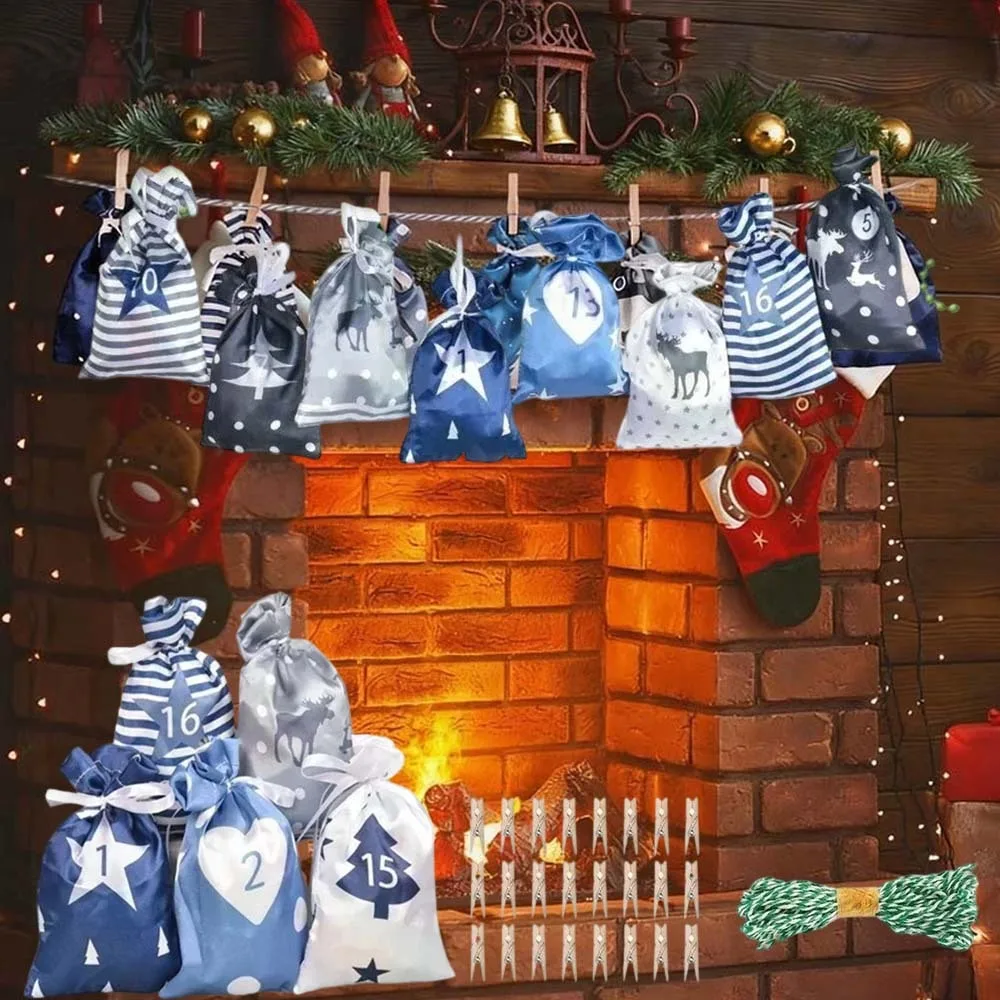 

New Style Drawstring Christmas Gift Bag Set Advent Calendar Hanging Bags with Countdown Function for Halloween Candy Storage Bag
