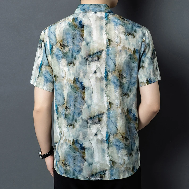 Lightweight Breathable Print Shirts For Men Short Sleeve Casual Summer Quality Geniune Silk 100% Skin-Friendly Camisas De Hombre